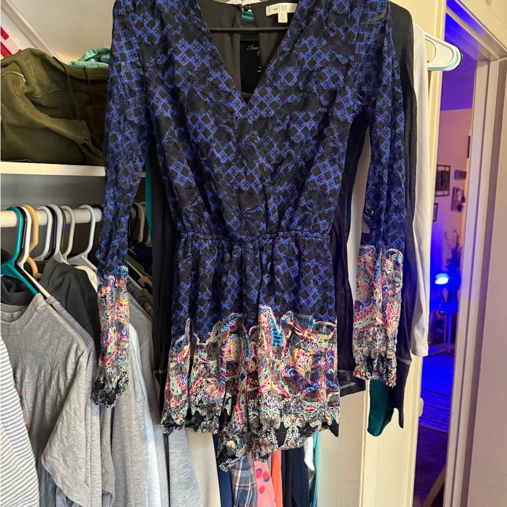 Blue and Multicolor Long Sleeve Romper
